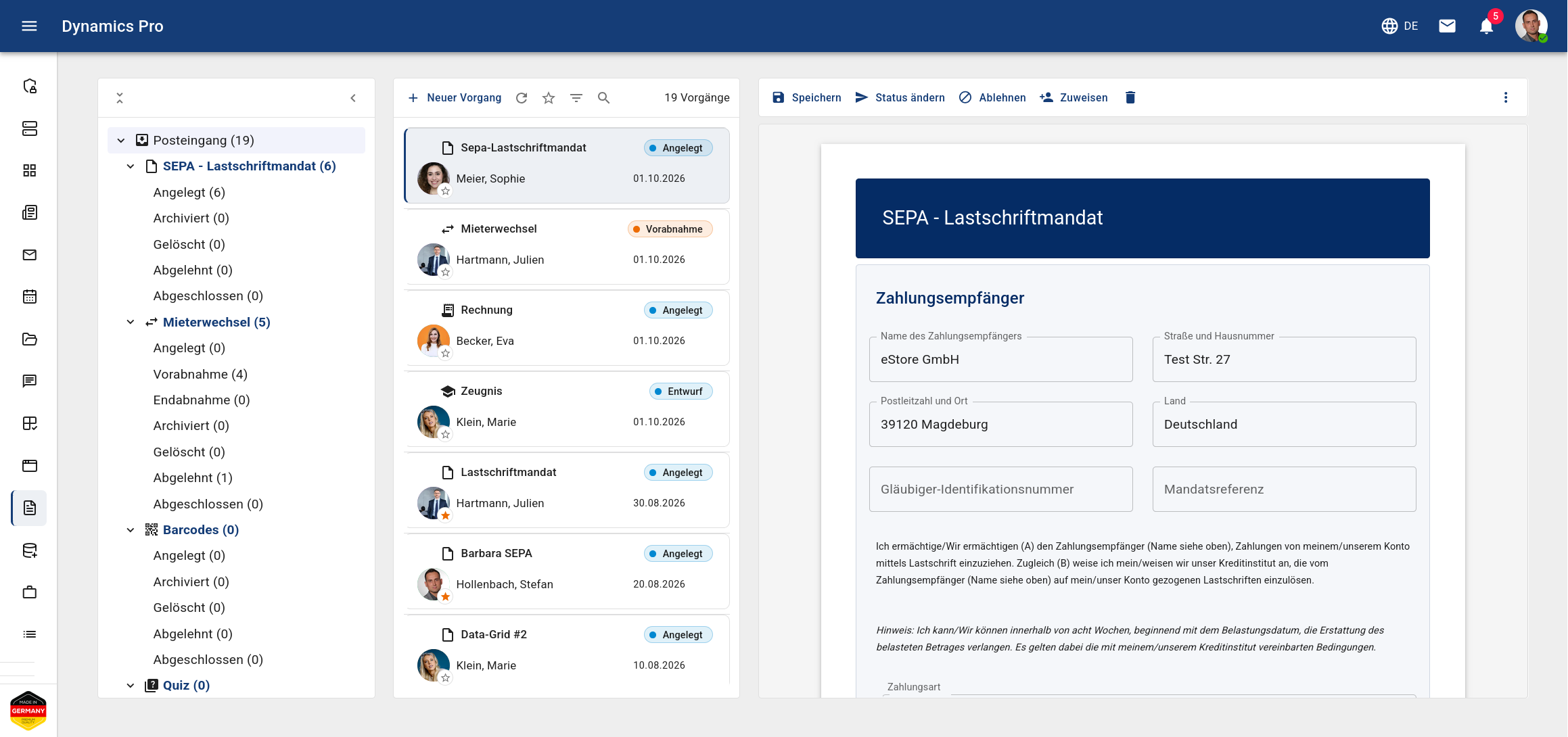 Dynamics Pro: Formular-Explorer mit den Vorgängen SEPA-Lastschriftmandat, Mieterwechsel, Rechnung und Zeugnis, jeweils mit Status
