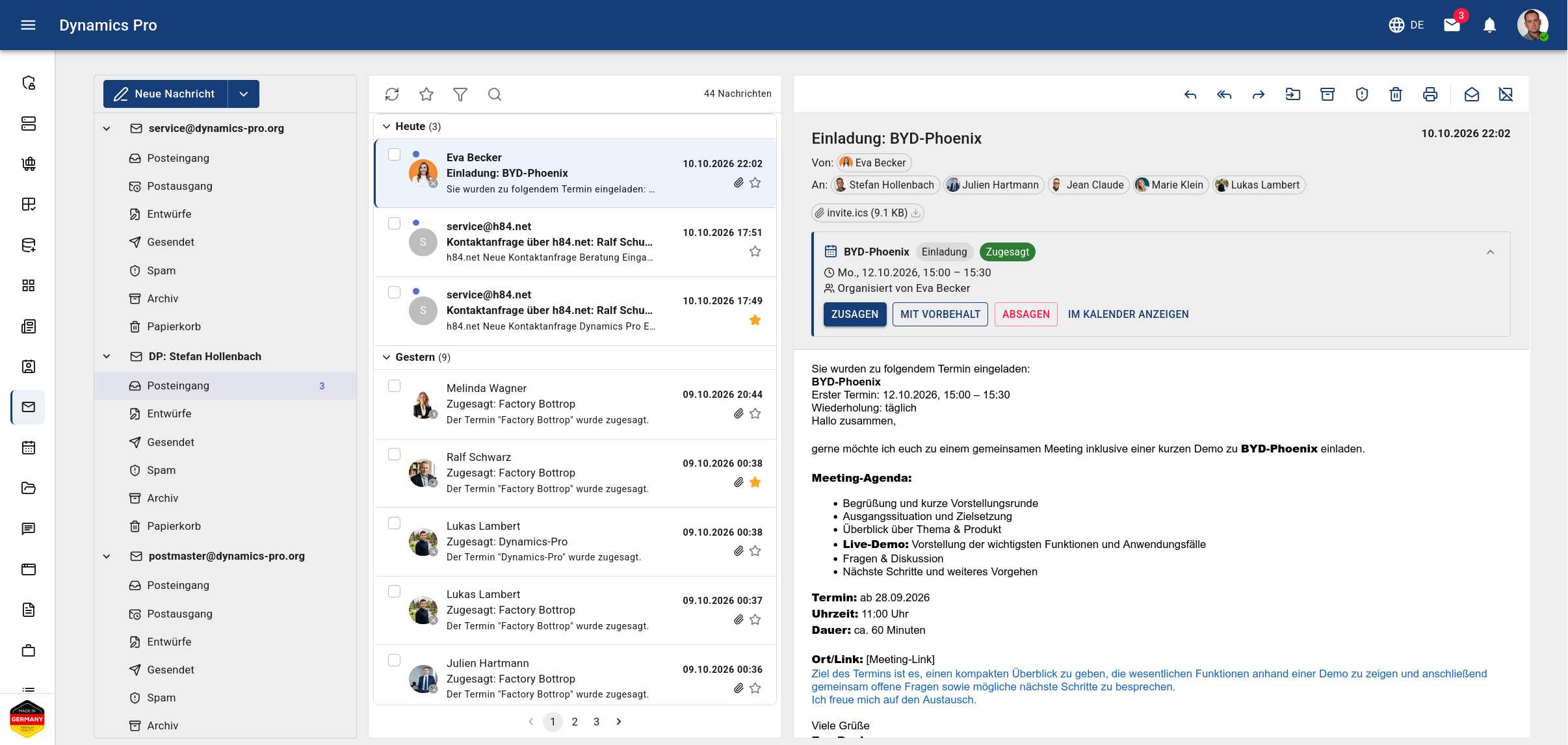 Dynamics Pro: Posteingang mit einer geöffneten Termineinladung, die als Terminkarte mit Antwort-Buttons angezeigt wird
