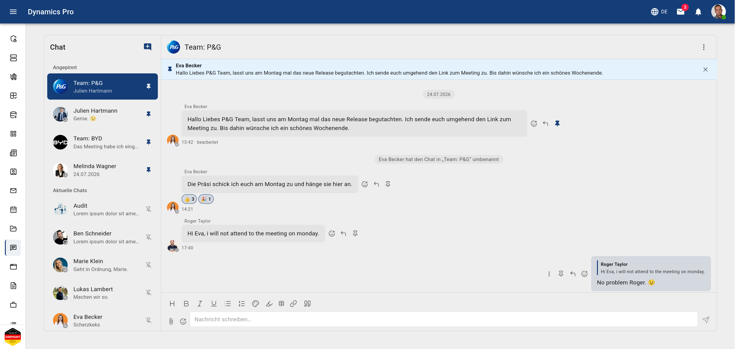 Dynamics Pro: Team-Chat einer Gruppe mit angepinnter Nachricht, Emoji-Reaktionen und einer Antwort mit Zitat