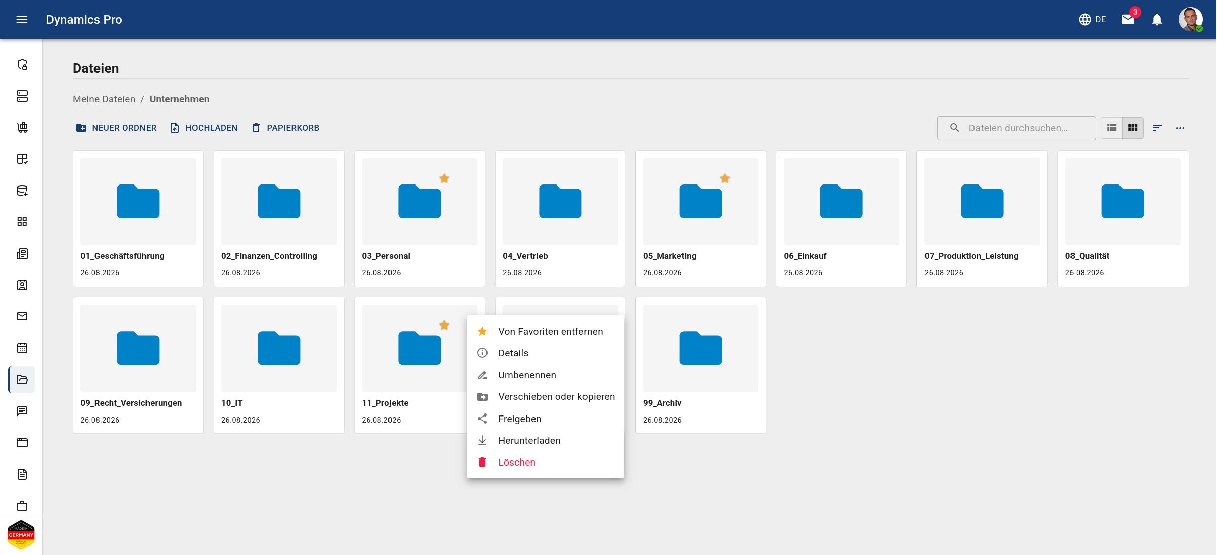 Dynamics Pro: Dateien mit Unternehmensordnern von Geschäftsführung bis Archiv und geöffnetem Menü mit Freigeben, Herunterladen und Löschen