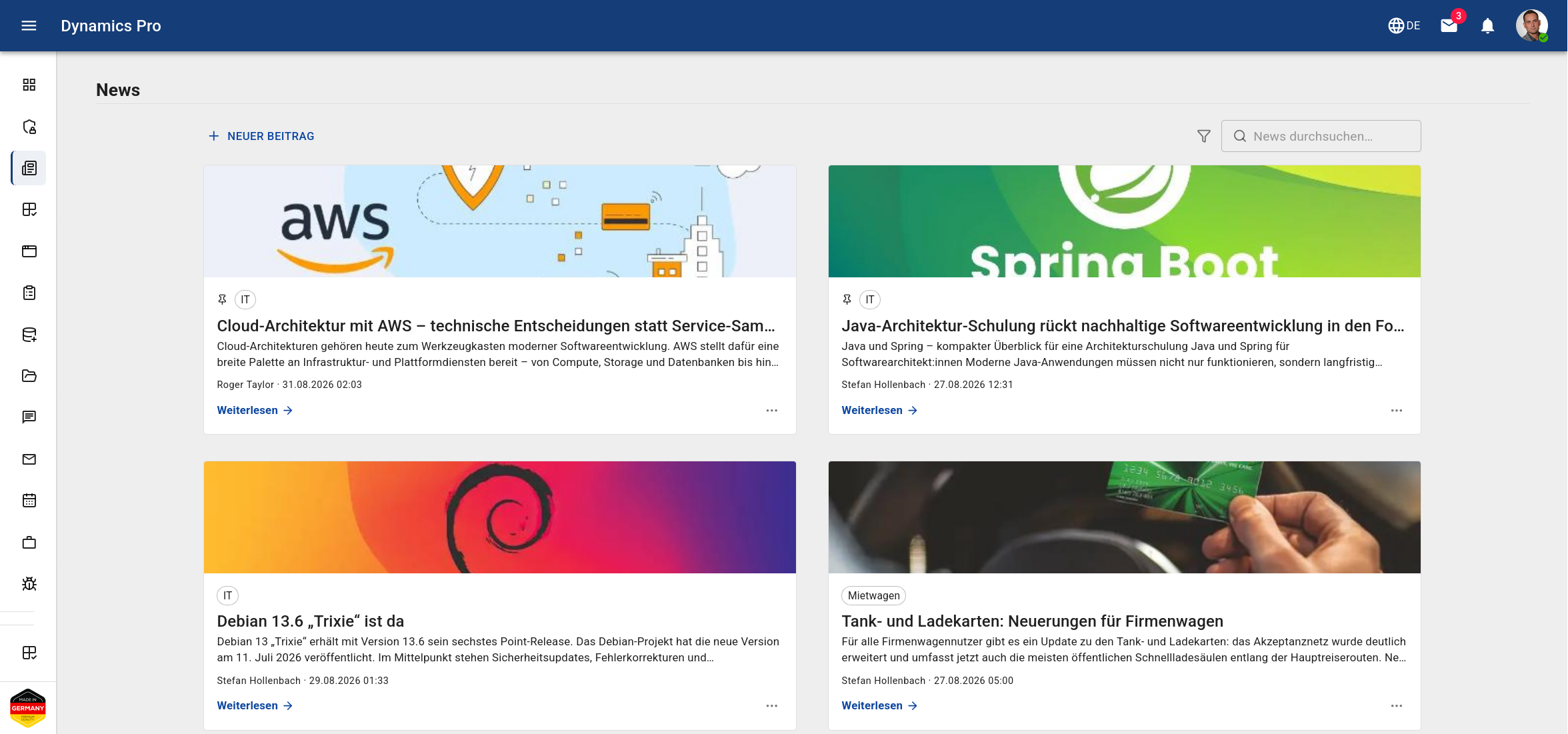 Dynamics Pro: News-Übersicht mit vier Beiträgen als Karten mit Titelbild, Kategorie, Autor und Datum